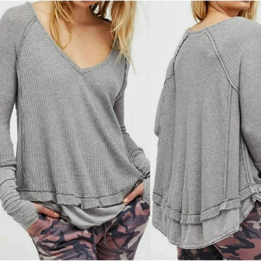 Free People We the Free Laguna Waffle Thermal Long Sleeve Top Small Gray Casual - Picture 12 of 12